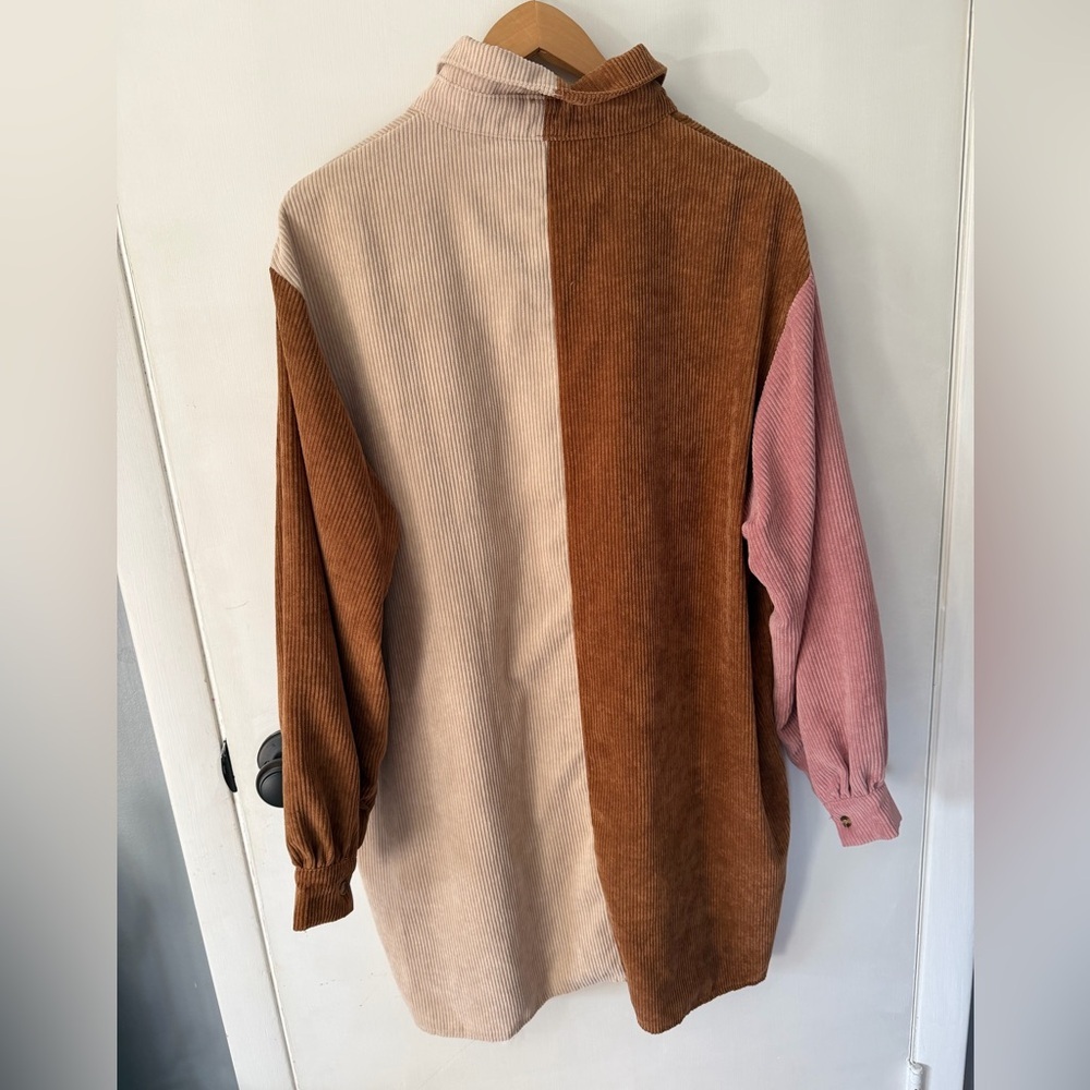 Nasty Gal Corduroy Colorblock Shirt Dress In Rust, Cream & Pink View 2